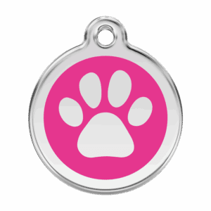 Hundemarke groß mit rosa Pfotenabdruck aus Emaille und Edelstahl
