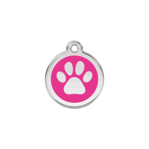 Katzenmarke S aus Emaille und Edelstahl in leuchtendem Pink mit Pfotenabdruck