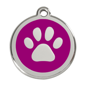 Hundemarke groß mit violettem Pfotenabdruck aus Emaille und Edelstahl
