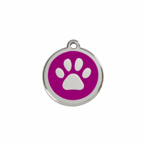 Katzenmarke klein mit Pfotenabdruck in Violett aus Emaille und Edelstahl