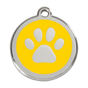 Hundemarke groß mit gelbem Pfotenabdruck aus Emaille und Edelstahl