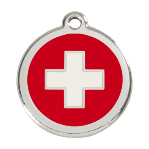 Hundemarke Groß mit rotem Schweizer Kreuz aus Emaille und Edelstahl