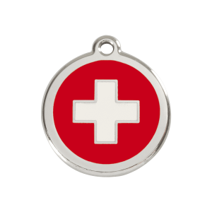 Hundemarke Mittel mit rotem Schweizer Kreuz aus Emaille und Edelstahl