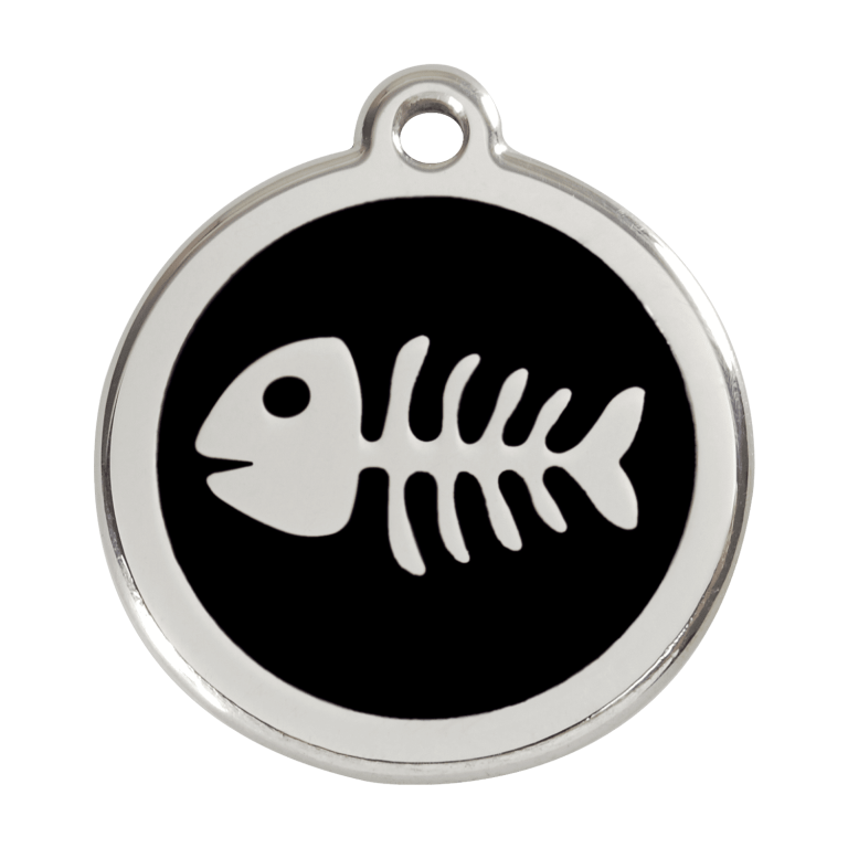 Vue avant - Médaille personnalisable pour chien Red Dingo Émail et acier inoxydable - Squelette de poisson - Noir - Größe L