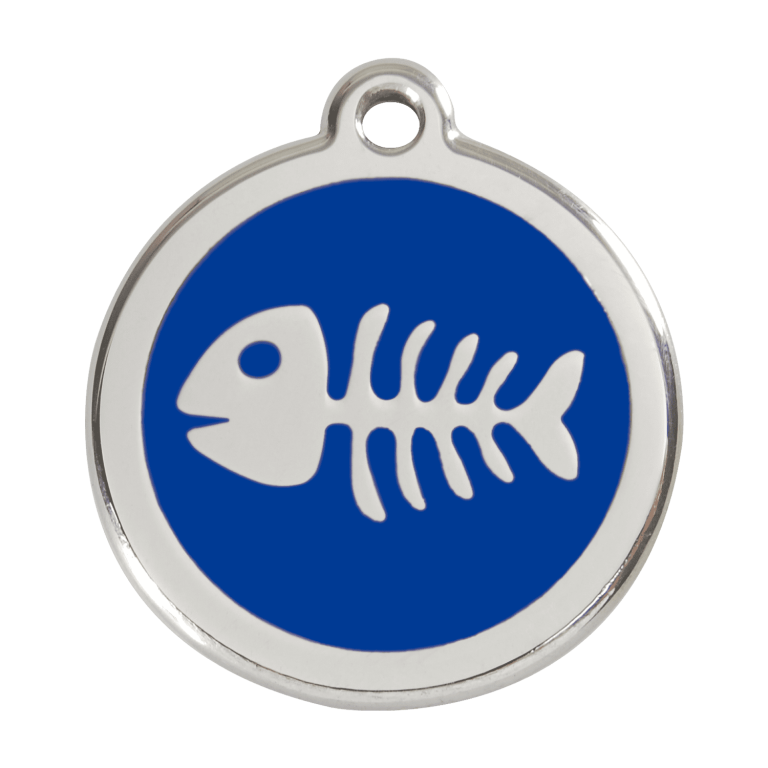 Vue avant - Médaille personnalisée pour chien Red Dingo Émail et acier inoxydable Squelette de poisson Bleu foncé - Größe L