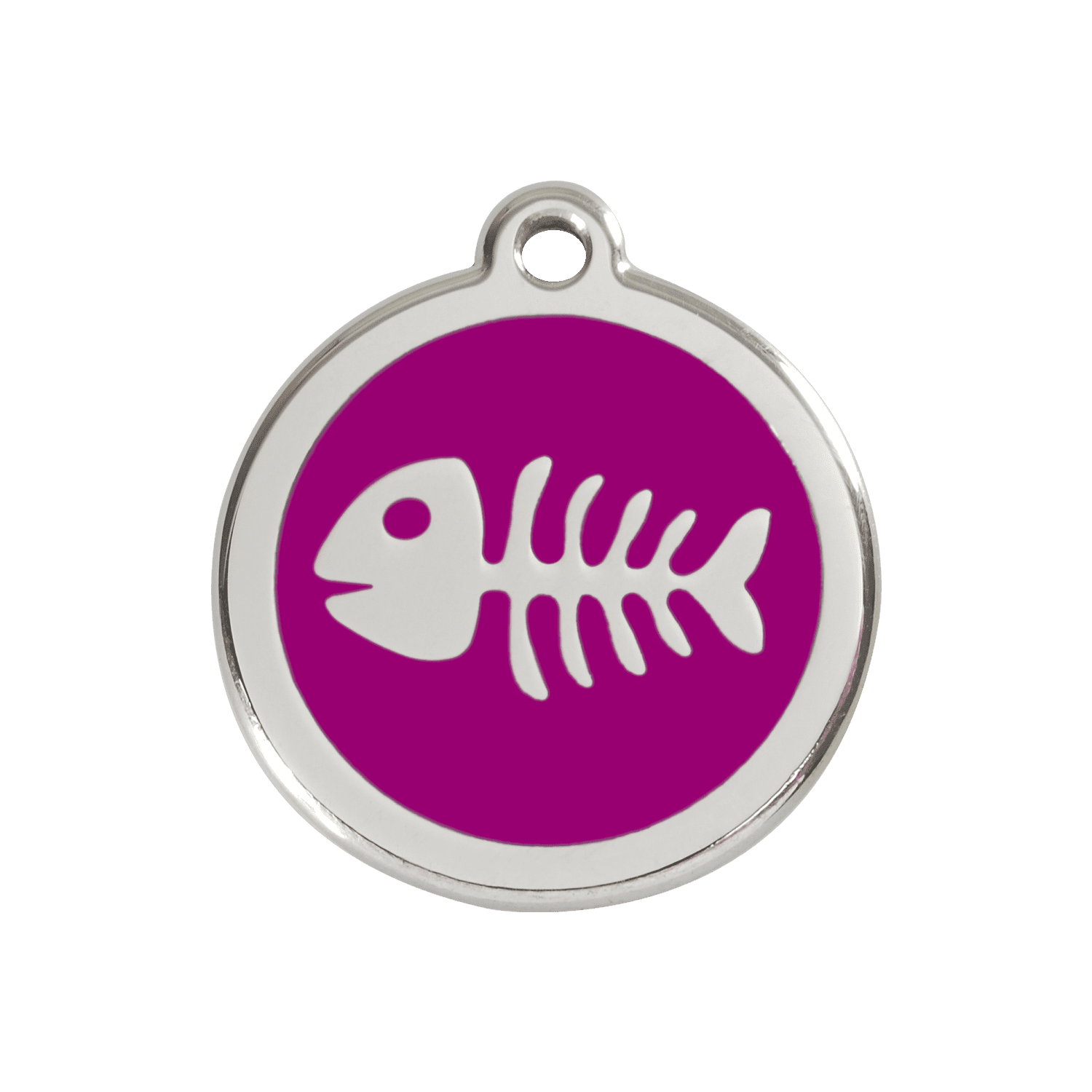 Vue avant - Médaille personnalisable pour chien Red Dingo Émail et acier inoxydable - Squelette de poisson violet - Größe M