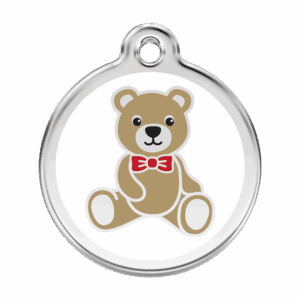 Hundemarke groß mit weißem Teddybär-Motiv aus Emaille und Edelstahl