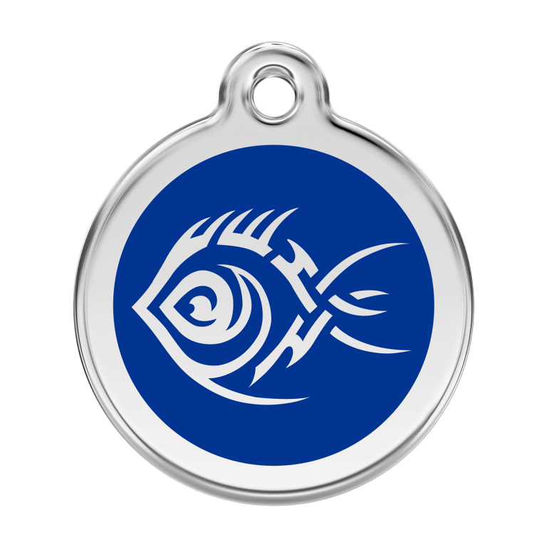 Vue avant - Médaille personnalisée pour chien Red Dingo Émail et acier inoxydable Poisson tribal Bleu foncé - Größe L
