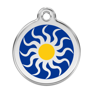 Hundemarke groß mit dunkelblauem Tribal-Sonnenmotiv aus Emaille und Edelstahl