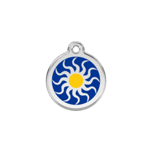 Katzenmarke klein mit dunkelblauem Tribal-Sonnenmotiv aus Emaille und Edelstahl