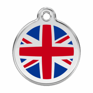Hundemarke groß mit dunkelblauem britischem Flaggenmotiv aus Emaille und Edelstahl
