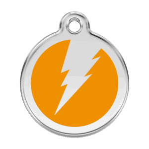 Hundemarke groß mit orangem Blitz aus Emaille und Edelstahl