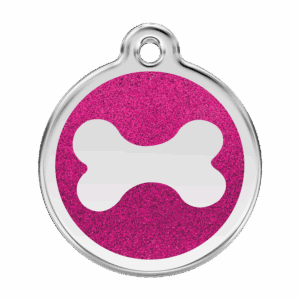 Hundemarke Glitzerknochen aus Edelstahl und pinkem Glitzereffekt L