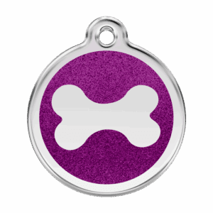 Hundemarke Glitzerknochen L aus Edelstahl und violettem Glitzereffekt