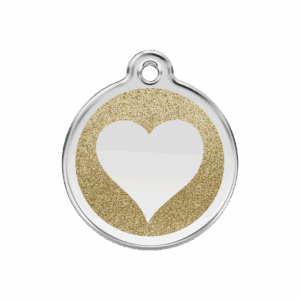 Hundemarke M mit glitzerndem Herz in Gold-Emaille