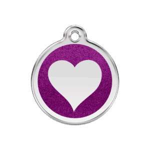 Hundemarke M mit glitzerndem violettem Herz