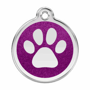 Hundemarke L mit violett glitzerndem Pfotenabdruck
