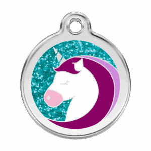 Hundemarke Glitzer-Einhorn Aqua L aus Edelstahl und Emaille