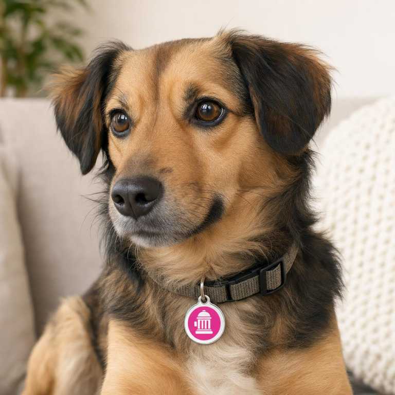 Médaille chien Bouche d'incendie Rose vif Größe M portée par un animal, avec une échelle réaliste.