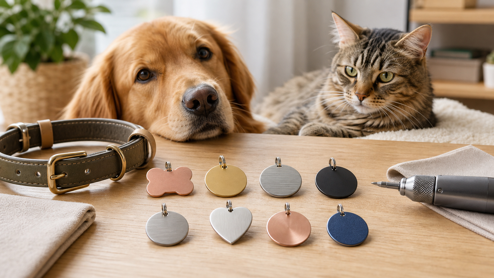 Tiermarken mit unterschiedlichen Gravur-Oberflächen neben Hund und Katze