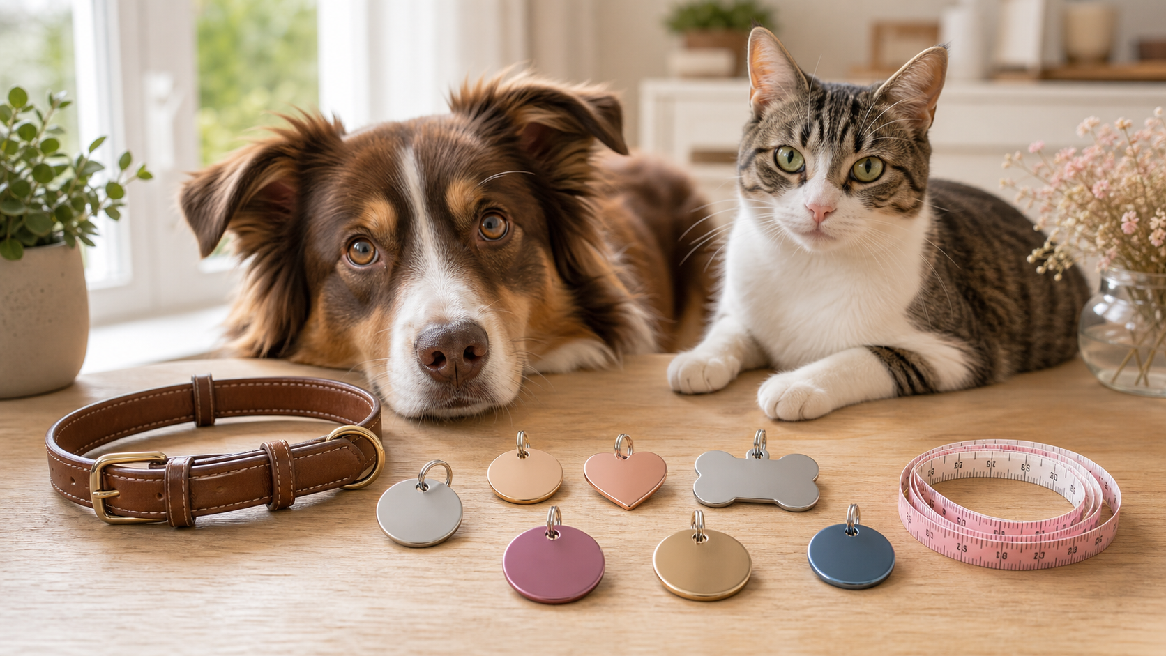 Hund und Katze neben Tiermarken in verschiedenen Formen mit Maßband